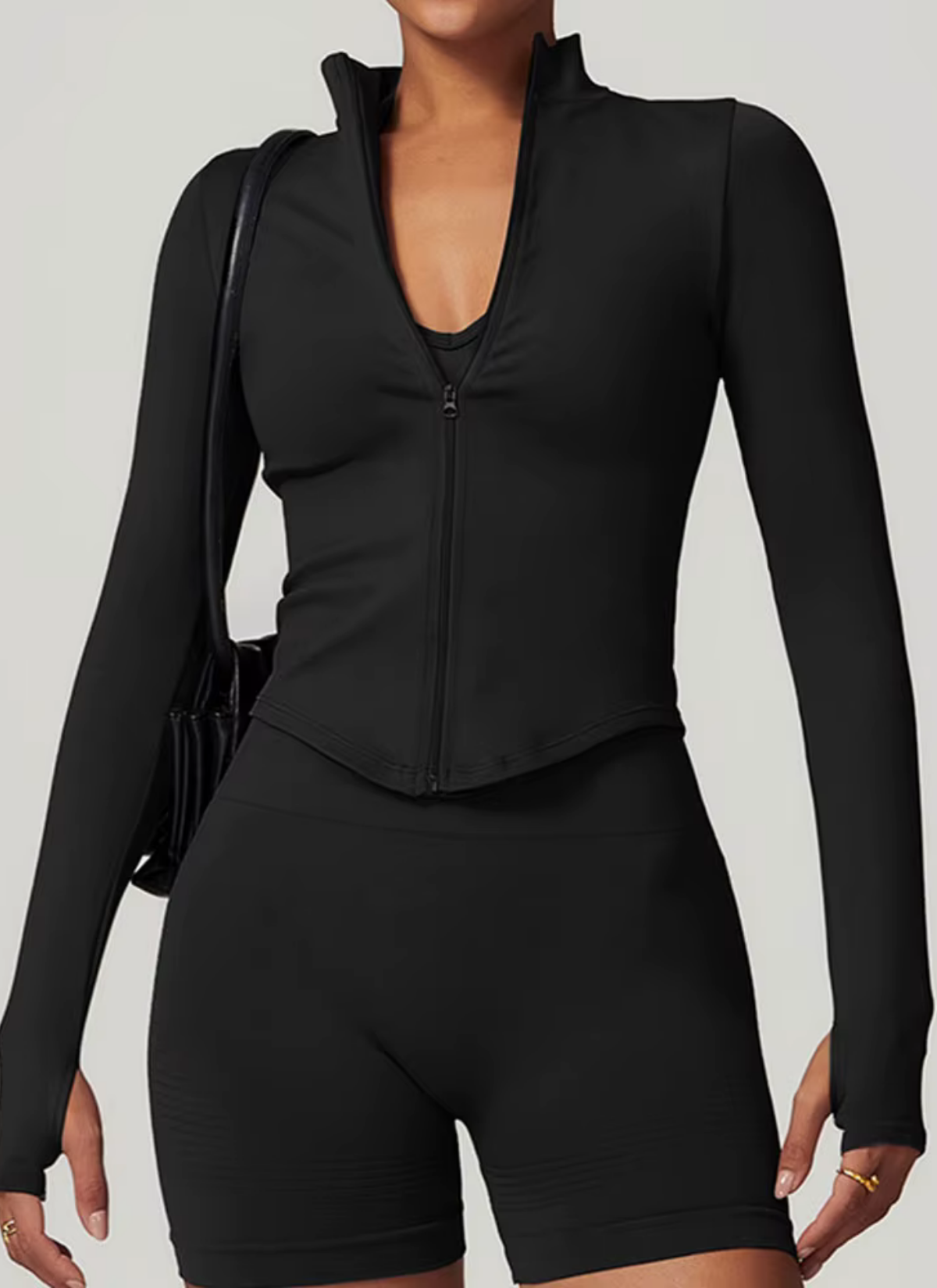 Axis Long Sleeve Zip Up Top - Black