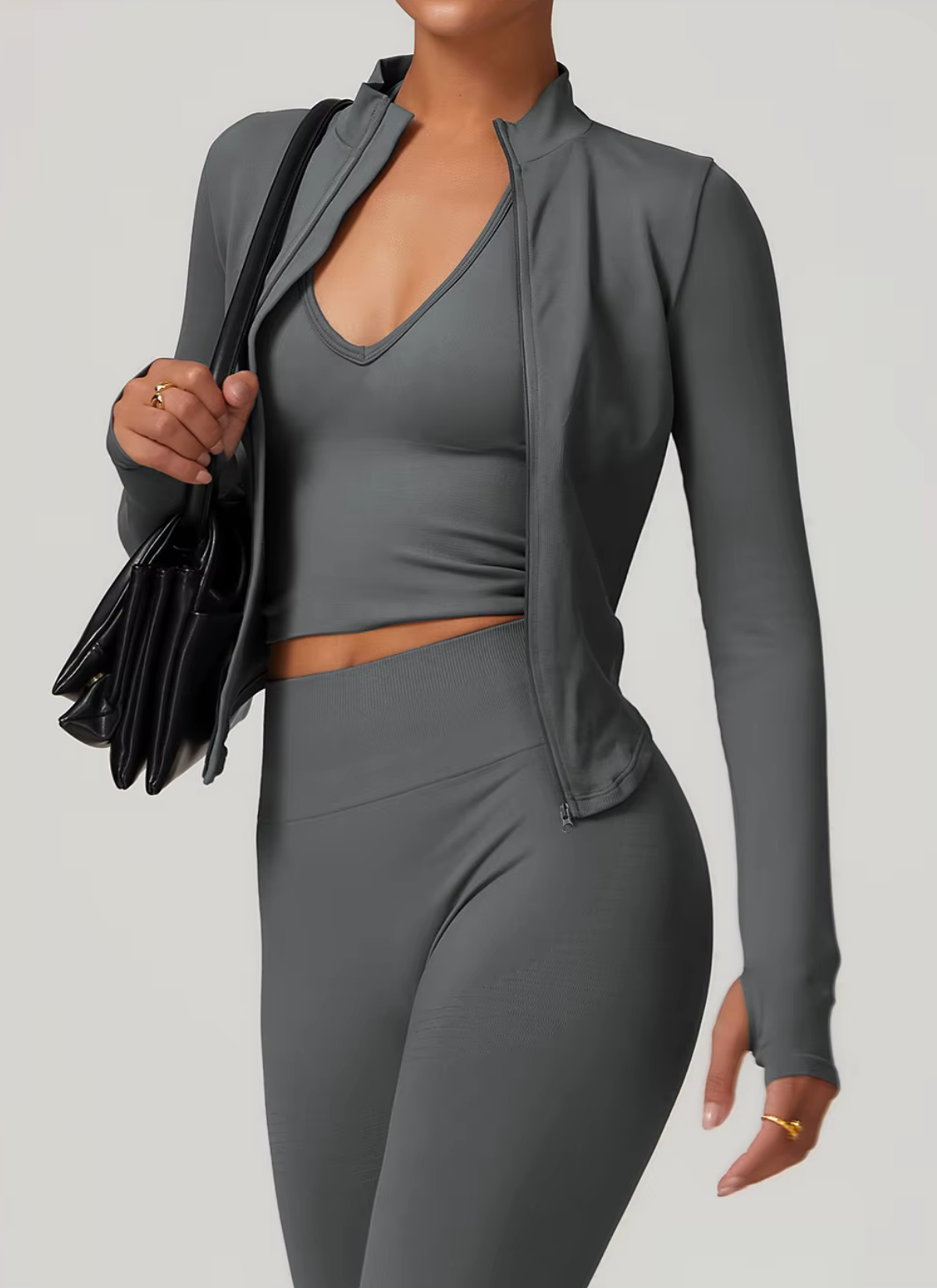 Axis Long Sleeve Zip Up Top - Charcoal Grey