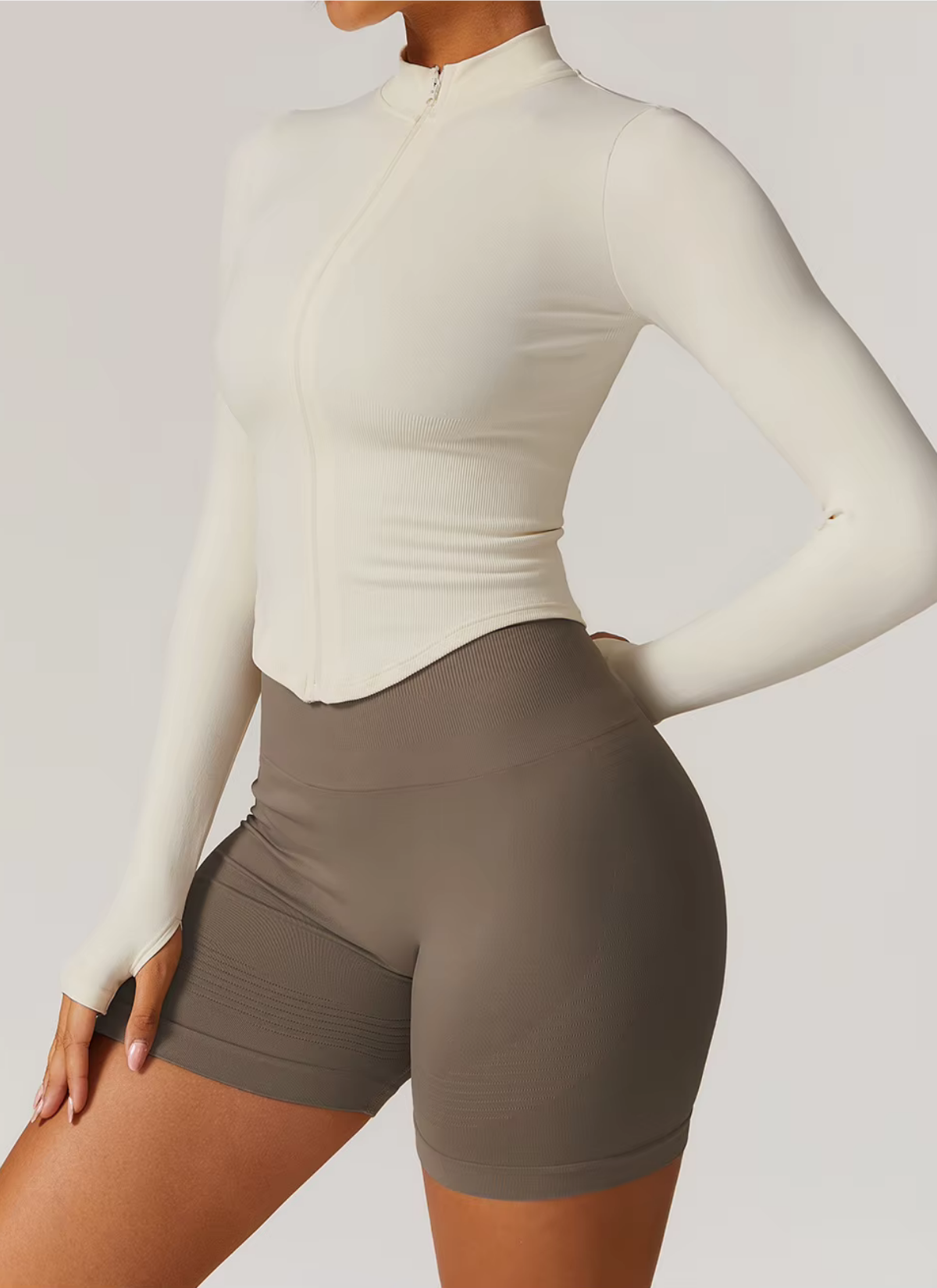 Axis Long Sleeve Zip Up Top - Ivory White