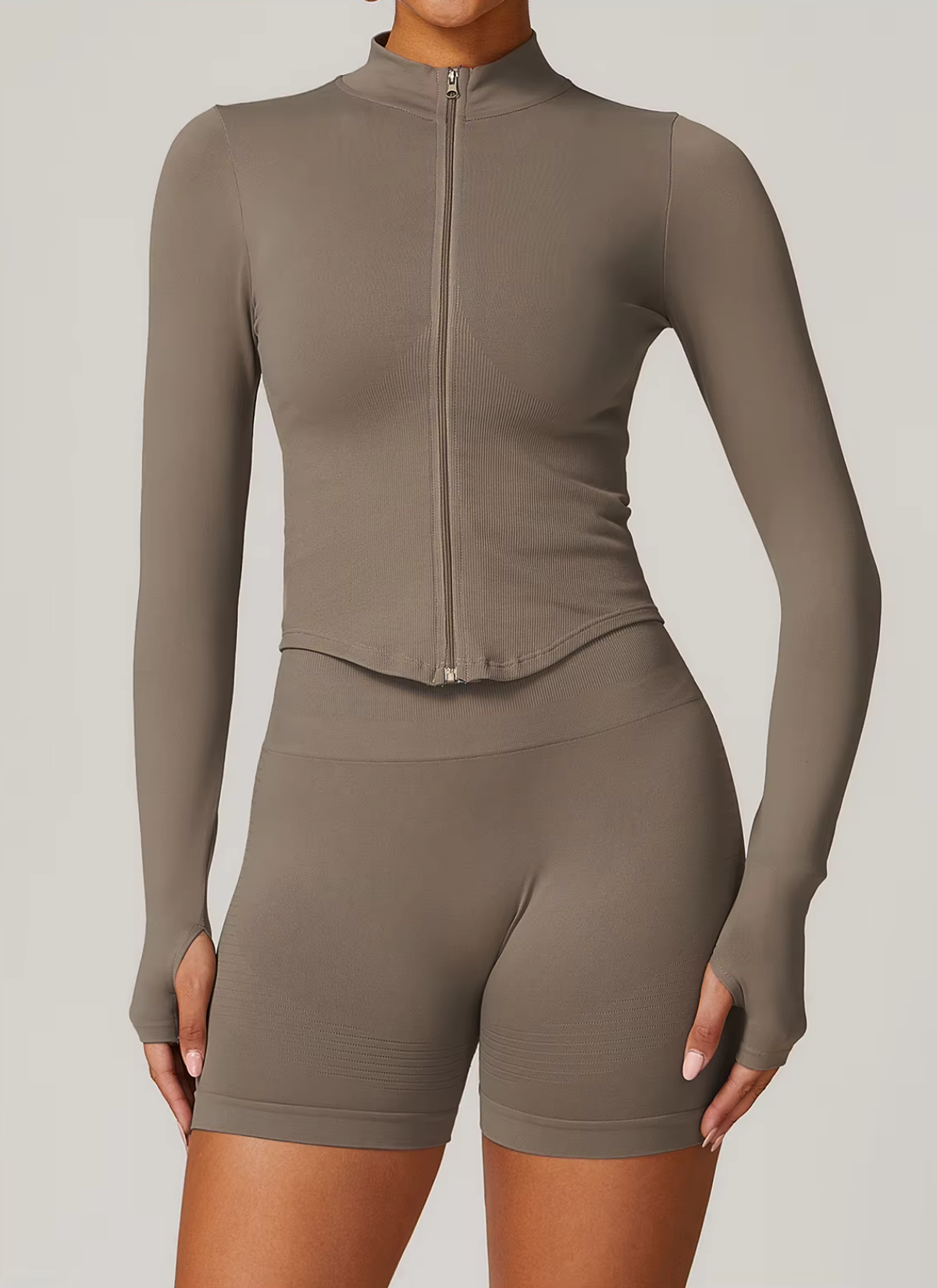 Axis Long Sleeve Zip Up Top - Latte Brown