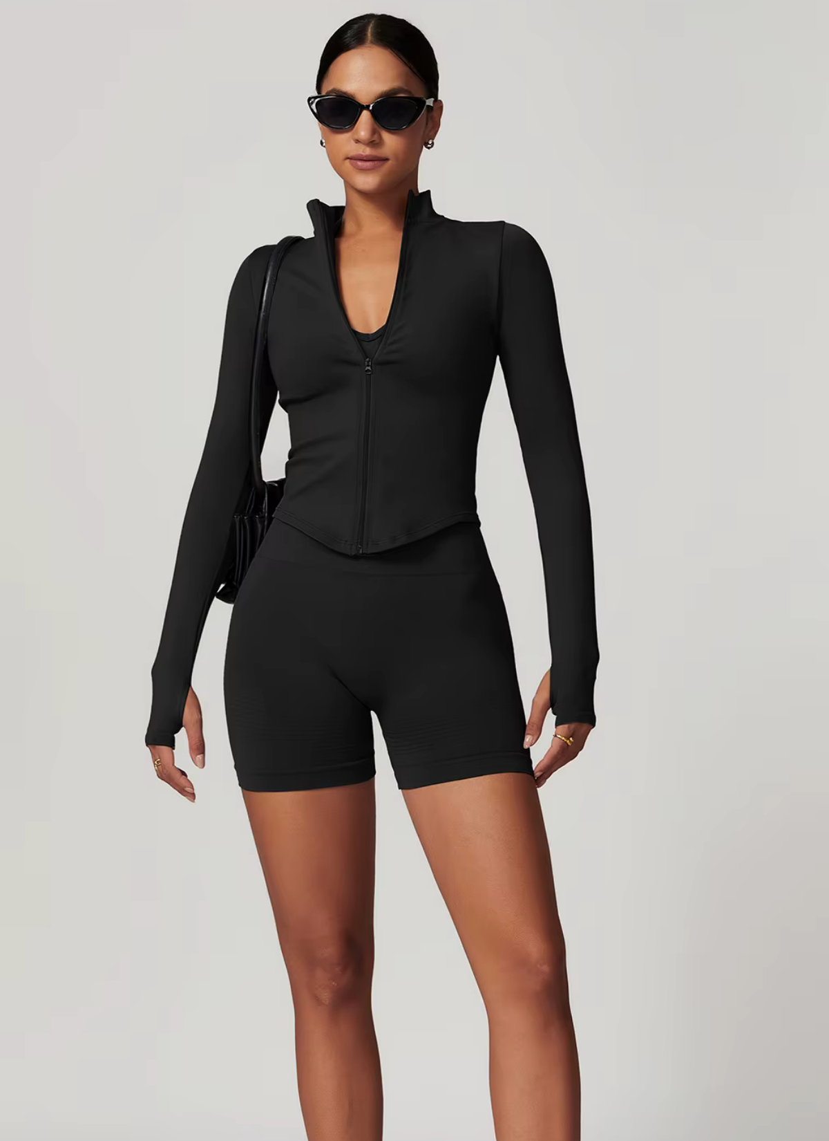 Axis Long Sleeve Zip Up Top - Black