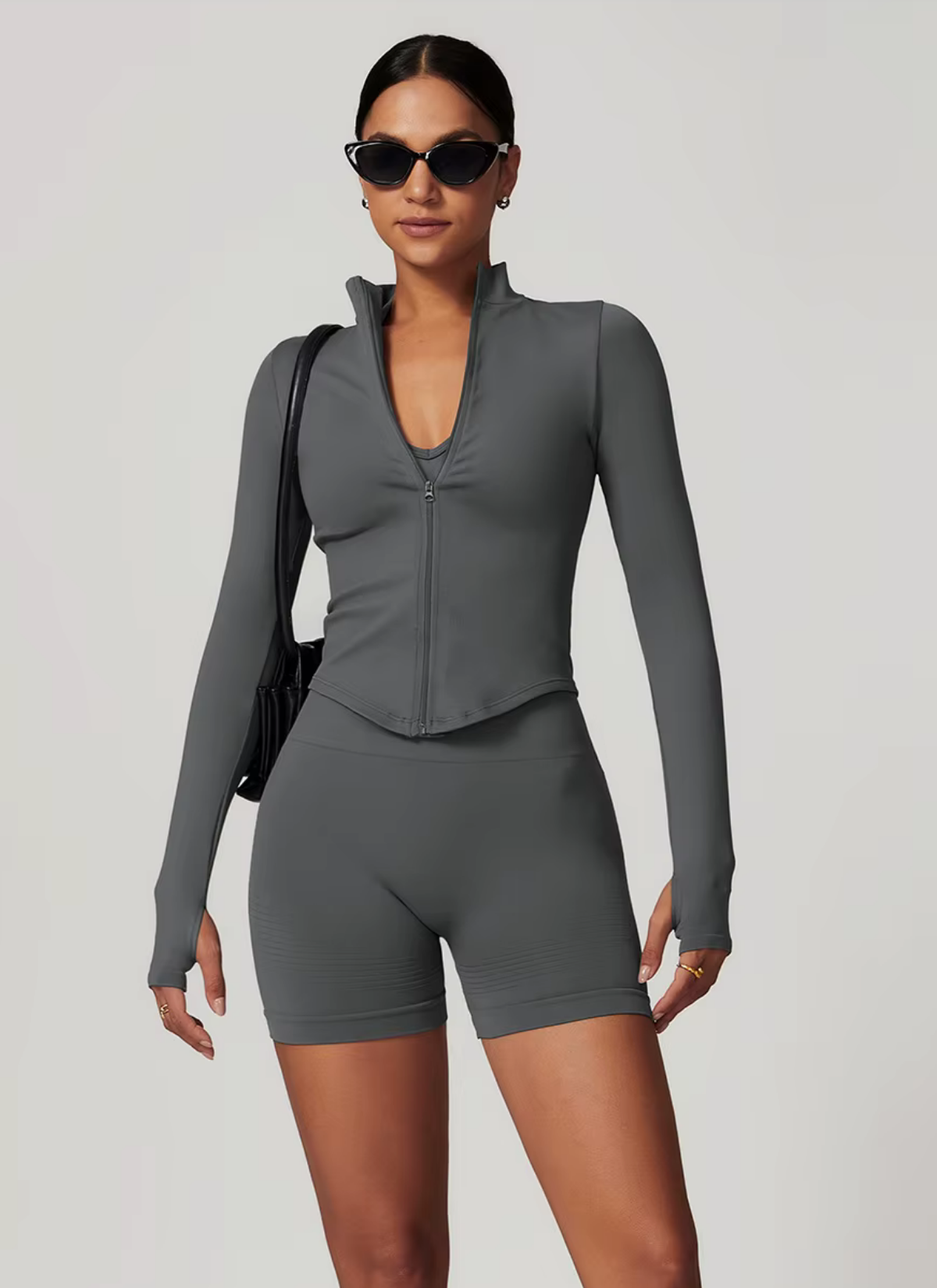 Axis Long Sleeve Zip Up Top - Charcoal Grey