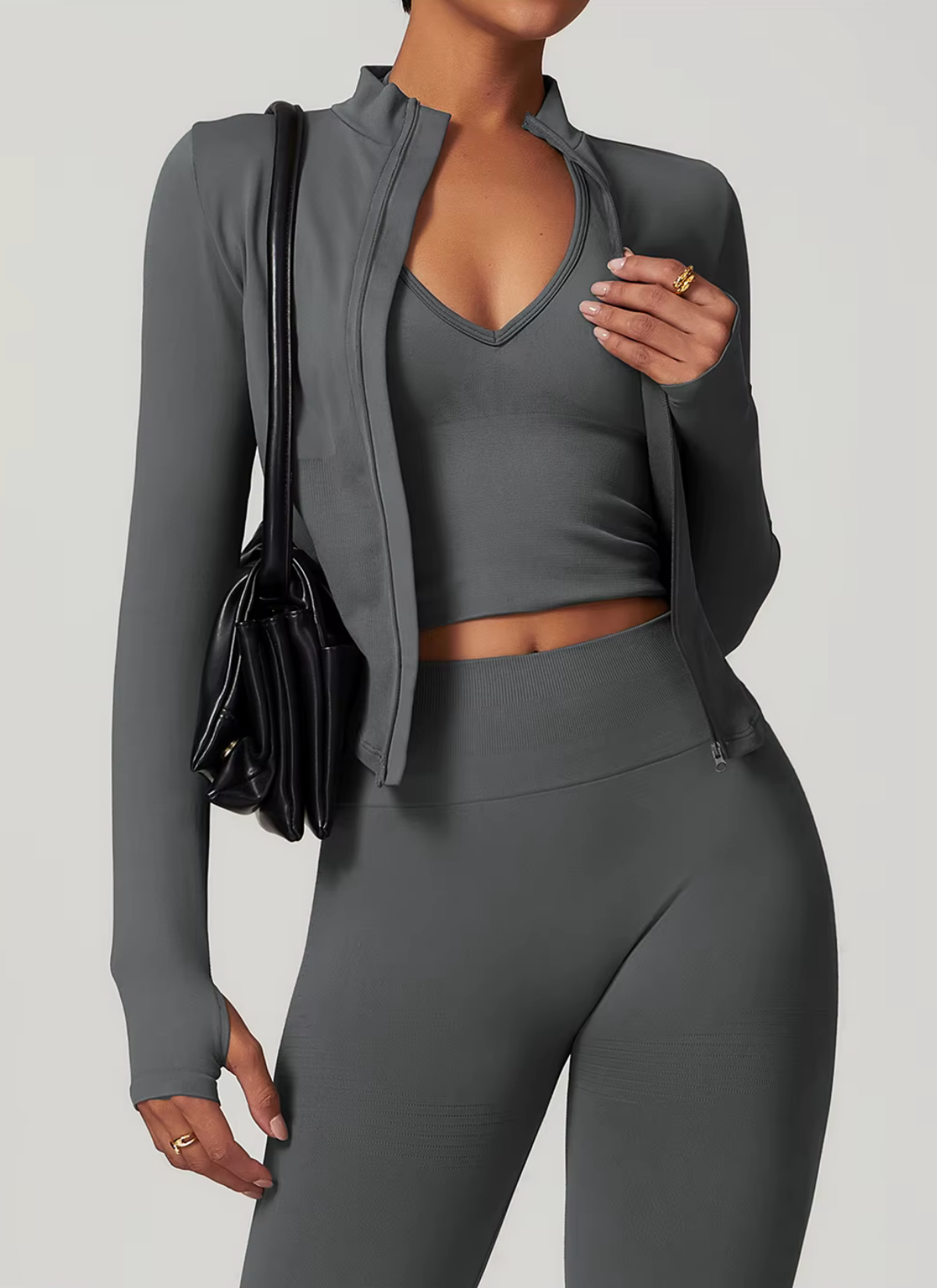 Axis Long Sleeve Zip Up Top - Charcoal Grey