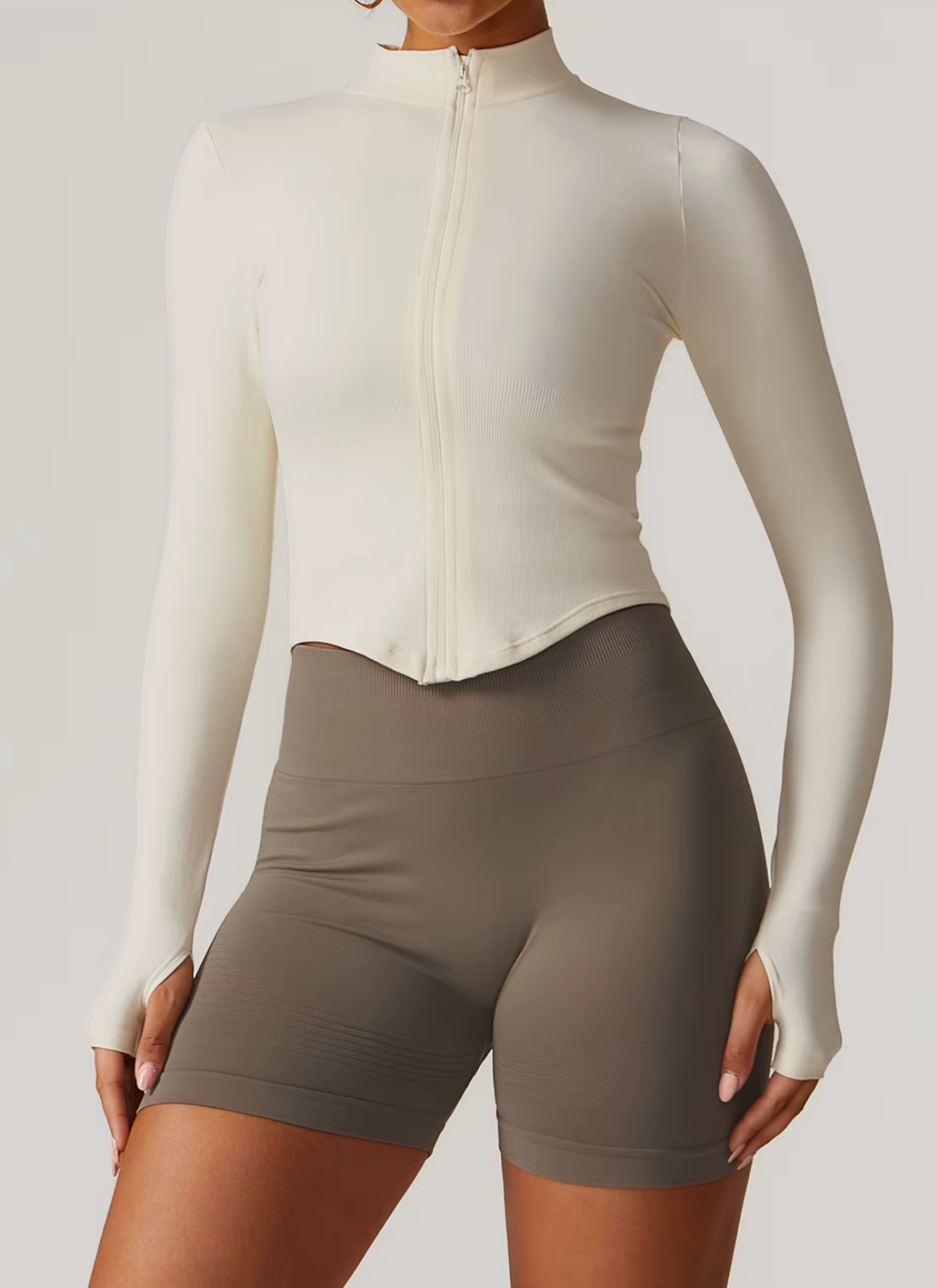 Axis Long Sleeve Zip Up Top - Ivory White