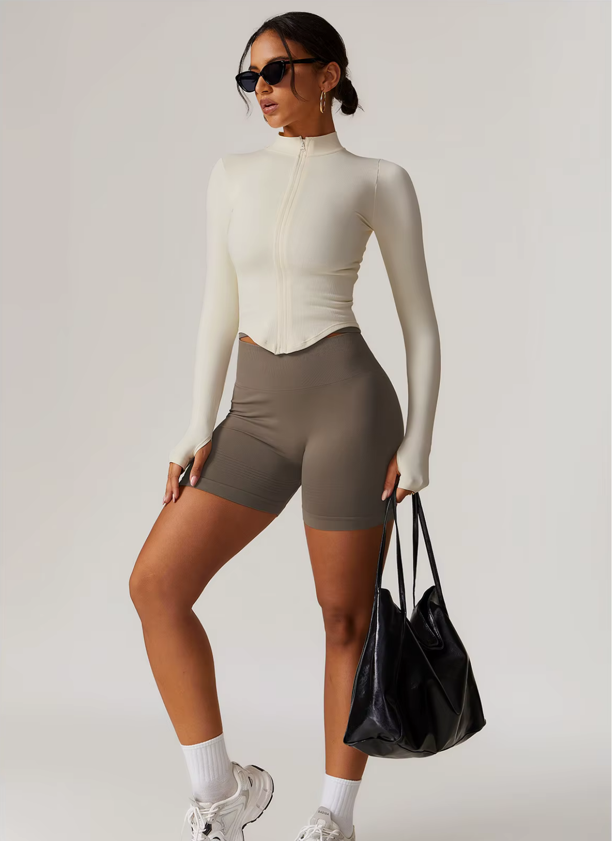 Axis Long Sleeve Zip Up Top - Ivory White