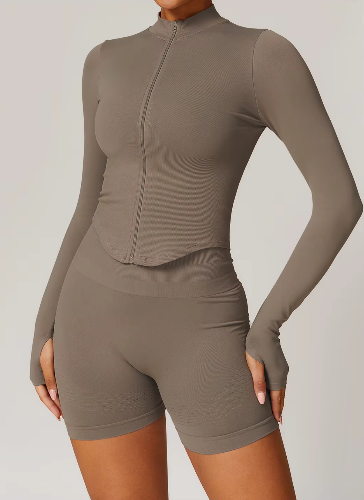 Axis Long Sleeve Zip Up Top - Latte Brown